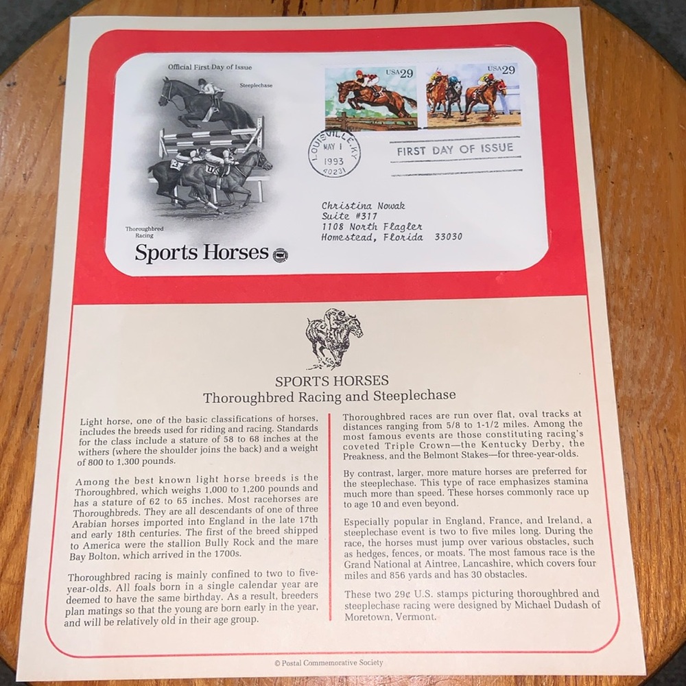 USPS First day sport horses thoroughbred racing stamps postcard & description